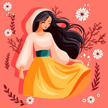 Romanyalı bir kadının düz bir sanat eseri ie ve düz sarı bir etek giyiyor. Moldovalı kız çiçekler ve bahar atmosferiyle çevrili.