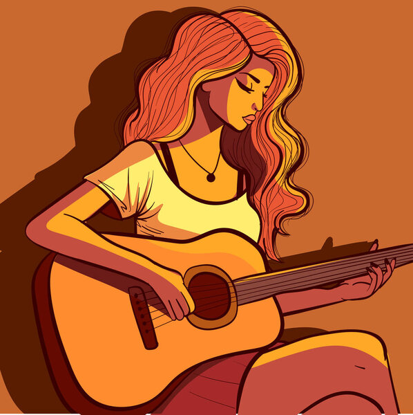 Young woman with curly hair playing guitar at golden hour. 
