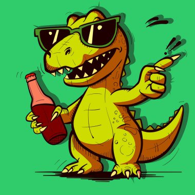 Güneş gözlüğü takıp gazoz içen havalı bir dinozor. Bir şişe meyve suyu tutan rahat sürüngen..