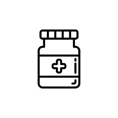 İlaç şişesi vektör ikonu. Tıp ikonu taslak biçimi. Logo, sunum, web sitesi ve daha fazlası için mükemmel bir kullanım. Basit modern simge tasarım biçimi