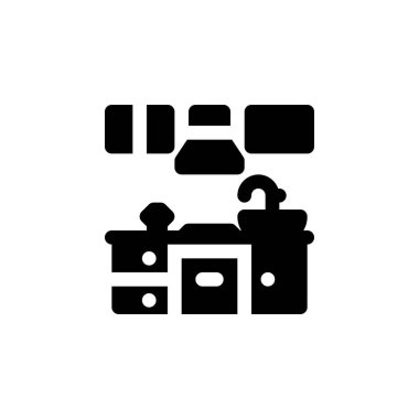 Mutfak odası vektör ikonu. Gayrimenkul simgesi tarzı. Logo, sunum, web sitesi ve daha fazlası için mükemmel bir kullanım. Basit modern simge tasarımı kabartma biçimi