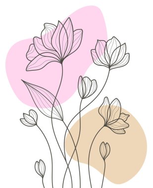 El Çizimi Düz Tasarım Basit Çiçek ve Tropikal Bitki Tasarımı