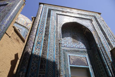Özbekistan, Semerkant 'taki Shakhi Zinda mezarlığı cephesi. Yüksek kalite fotoğraf