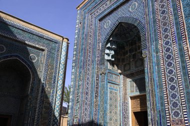 Özbekistan, Semerkant 'taki Shakhi Zinda mezarlığı cephesi. Yüksek kalite fotoğraf