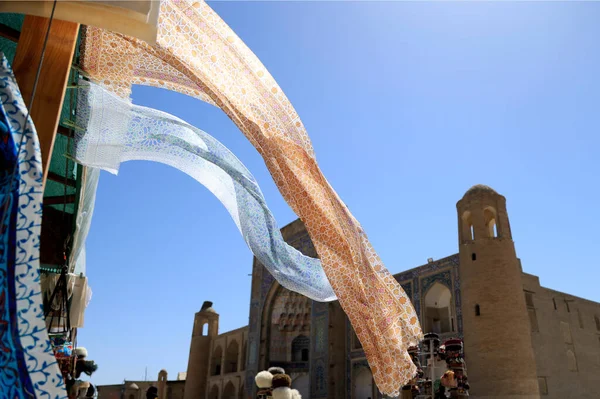 Silk Drapes Blowing Wind Historic Center Bukhara Uzbekistan High Quality — Stock Photo, Image