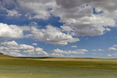 Gökyüzüyle Moğolistan 'ın büyüleyici bozkırları. Yüksek kalite fotoğraf