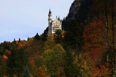 Neuschwanstein Kalesi sonbahar renklerine gömüldü. Yüksek kalite fotoğraf