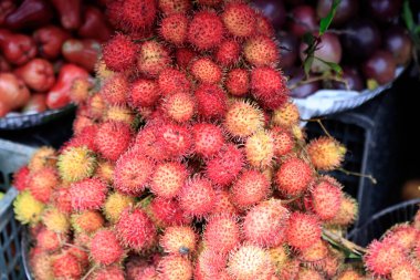 Hue, Vietnam 'da pazarda satılan Rambutan meyveleri. Yüksek kalite fotoğraf