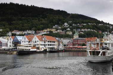 Norveç 'teki Bergen şehrinin karakteristik evleri. Yüksek kalite fotoğraf