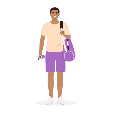 Young African American man holding gym bag and bottle of water