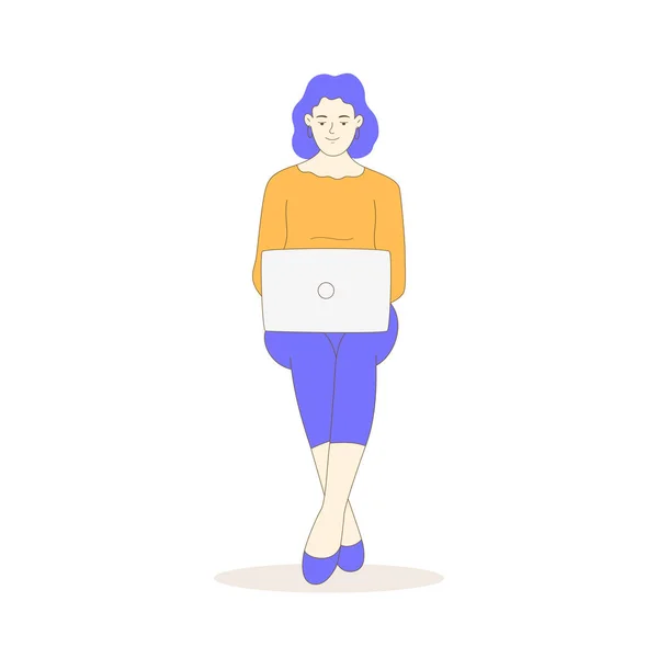 Femme Travaillant Avec Ordinateur Portable Vecteur Personnage Dessin Animé Plat — Image vectorielle