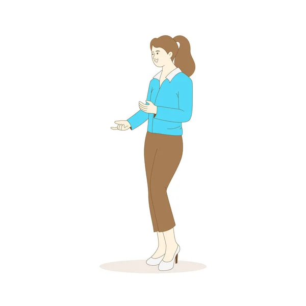 Businesswoman Raising Hand Gesture Performing Presentation Flat Cartoon Character Vector — Stockový vektor