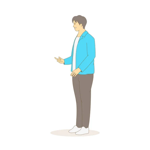 Businessman raising hand gesture performing presentation, flat cartoon character vector