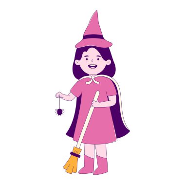 Cadılar Bayramı Cadısı Kostümlü Tatlı Kız Süpürge ve Örümcek, Çizgi Film Karakteri