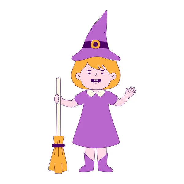 Lined Cute Girl Halloween Witch Costume Holds Broom Cartoon Character — Stock Vector