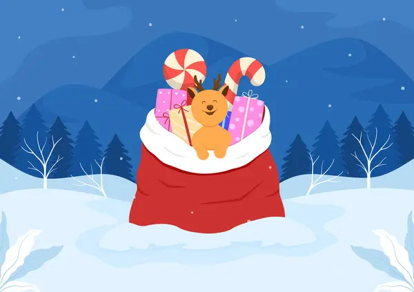 Hediyeli ren geyiği, şeker kamışı ve karda Noel Baba çantası. Mutlu Noeller ve yeni yıl