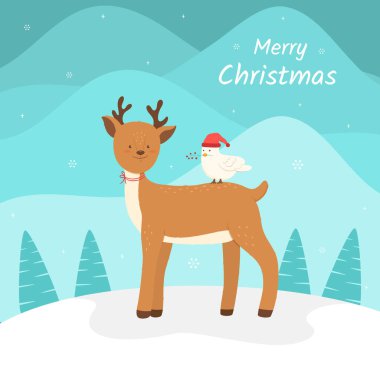 Noel tebrik kartı için Ren geyiği ve beyaz kuş çizgi film karakteri, Mutlu Noeller ve yeni yıl