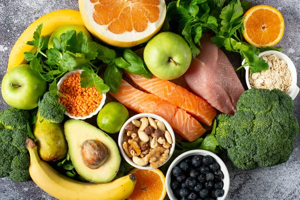 Zdrowa Żywność Czysty Wybór Jedzenia Owoce Warzywa Nasiona Superjedzenie Zboża Obraz Stockowy
