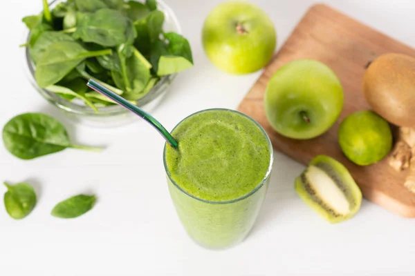 Healthy Green Smoothie Spinach Jar Mug Isolated White Spinach Smoothie — Stock Photo, Image