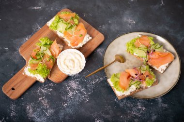 Beyaz arka plan üzerinde füme somon ile tost, üst görünüm