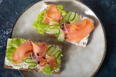 Beyaz arka plan üzerinde füme somon ile tost, üst görünüm