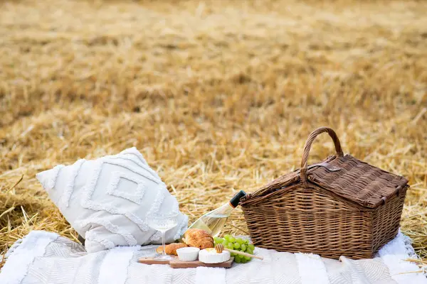 piknik sepeti. Sahada boho tarzı piknik. Çiçek açan çayır üzerinde boş sepeti olan kareli piknik yorganı.