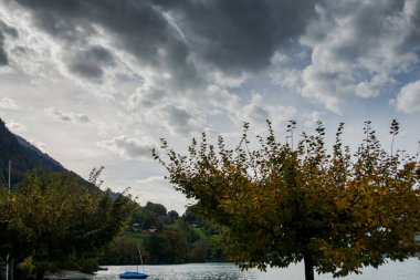 İsviçre 'deki görkemli Brienzersee Gölü ve İsviçre köyleri.