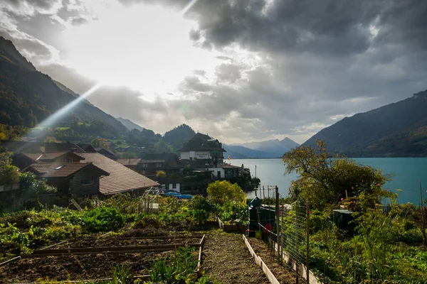 stock image Magnificent Lake Brienzersee in Switzerland and Swiss villages on it