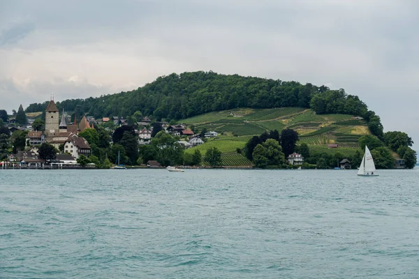 Paseo Barco Por Lago Thun Suiza Increíbles Paisajes Vistas — Foto de Stock