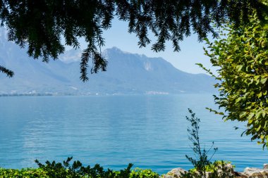 İsviçre 'deki Chillon Kalesi. Cenevre Gölü kıyısında