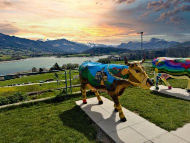 25.05.24.Switzerland. Tepedeki renkli inek heykelleri manzaralı bir günbatımı manzaralı dağlar ve arka planda bir göl.