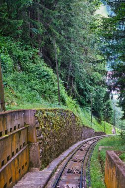 Kırmızı füniküler tren vagonu arka planda yeşil tarlalar ve köy manzaralı ormanlık bir alana iniyor.