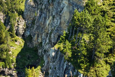 Vadisi olan bir dağ manzarası, yeşil tepeler ve arka planda mavi bir gökyüzü.
