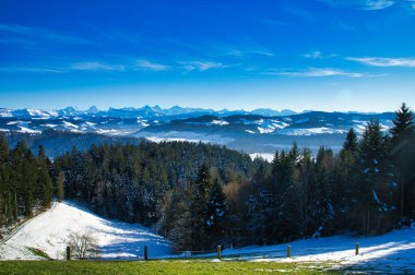 Kış manzarası, karlı tepeler, yemyeşil ormanlar ve açık mavi gökyüzünün altında parlak güneş ışığı.