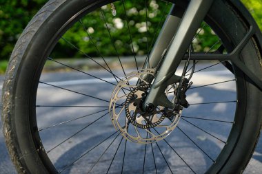 25,05,24.Bern, Swizerland. Sakin bir şehir sokağında bisiklet süren bir bisikletçi. Etrafı yeşillik ve güneş ışığıyla çevrili..