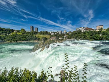 Güçlü bir şelale, uçurumlar ve yeşil gökyüzü altında yükselen sis ile dinamik ve dramatik bir manzara yaratıyor. Rhine Falls.