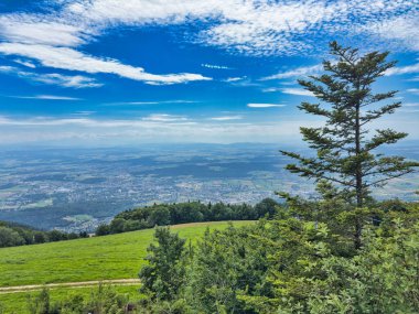 Sarp kayalıklarla, yemyeşil yemyeşil yemyeşil ve parlak mavi gökyüzünün altındaki görkemli dağ zirveleriyle çevrili turkuaz bir alp gölü nefes kesici.