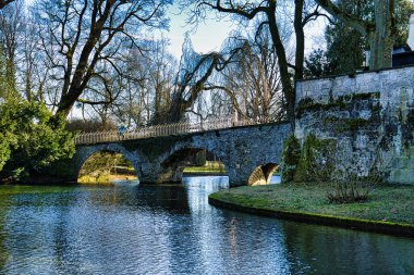 Uzun ağaçlar ve yemyeşil çevreler tarafından çerçevelenmiş tarihi şato
