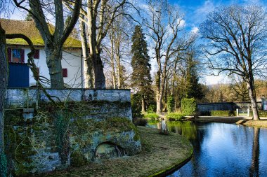 Uzun ağaçlar ve yemyeşil çevreler tarafından çerçevelenmiş tarihi şato