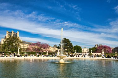 Paris, Tuileries Garden 'da çiçek açan pembe ağaçlı mermer heykel.