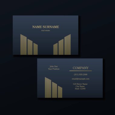 Emlak kartı şablonu, vektör çizimi. Kaliteli tasarım, koyu deniz ve altın aksanlı. Bölüm 10