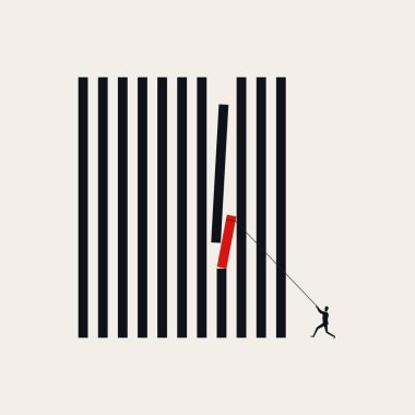 Ticari bozulmayı, statükoyu, piyasa değişikliğini, yeniliği veya standarda meydan okumayı temsil eden minimalist vektör çizimi. Küçük bir adam kırmızı aksanlı bir elementle büyük siyah beyaz bir ızgarayı çekiyor..