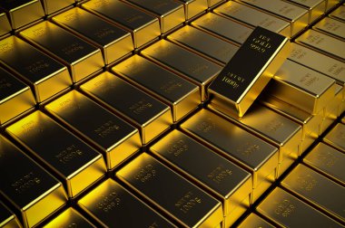 Altın külçelerin arka planının 3 boyutlu çizimi. Resim yükle.