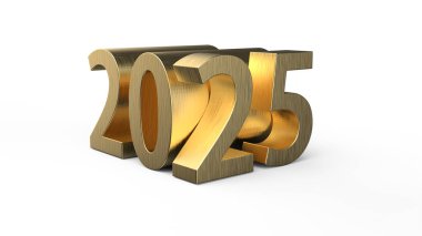 2025 yılbaşı 3D sembolü tipografi. 3 boyutlu resimleme. Parlak altın harflerle 2025 harf.