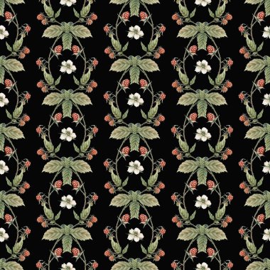 Ahududu desenli. Suluboya kırmızı çilek arkaplanı.