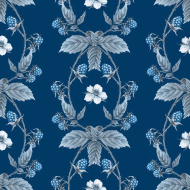 Ahududu desenli. Mavi monokrom. Suluboya orman arkaplanı