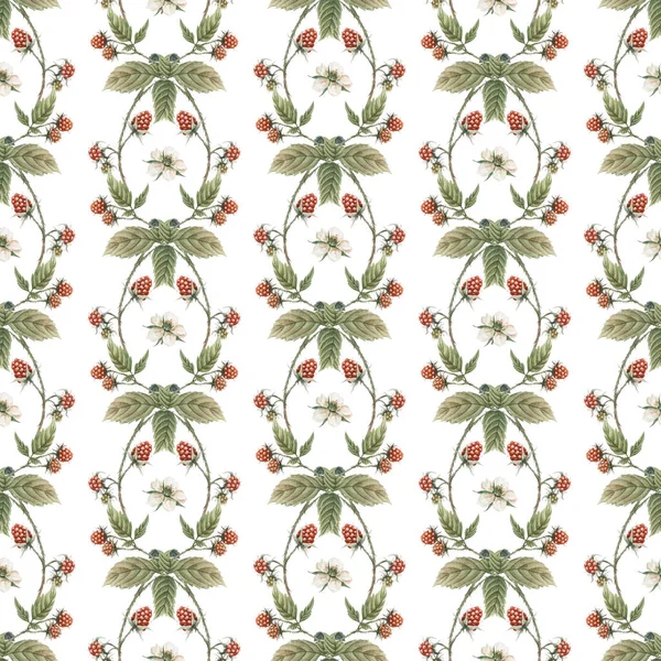 ラズベリーのシームレスなパターン 水彩の赤いベリーの背景 — ストック写真