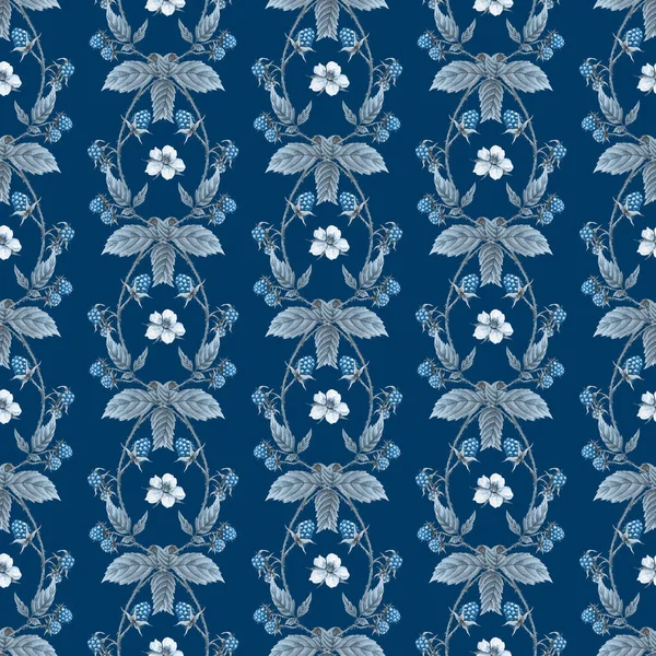 Himbeere Nahtlose Muster Blau Monochrom Aquarell Waldbeere Hintergrund — Stockfoto