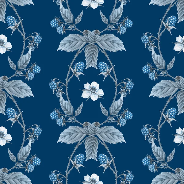 Himbeere Nahtlose Muster Blau Monochrom Aquarell Waldbeere Hintergrund — Stockfoto