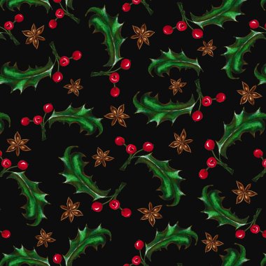 Holly ve Yıldız Anason 'la kusursuz bir düzen. Kırmızı böğürtlen ve yeşil yapraklar, Noel arkaplanı